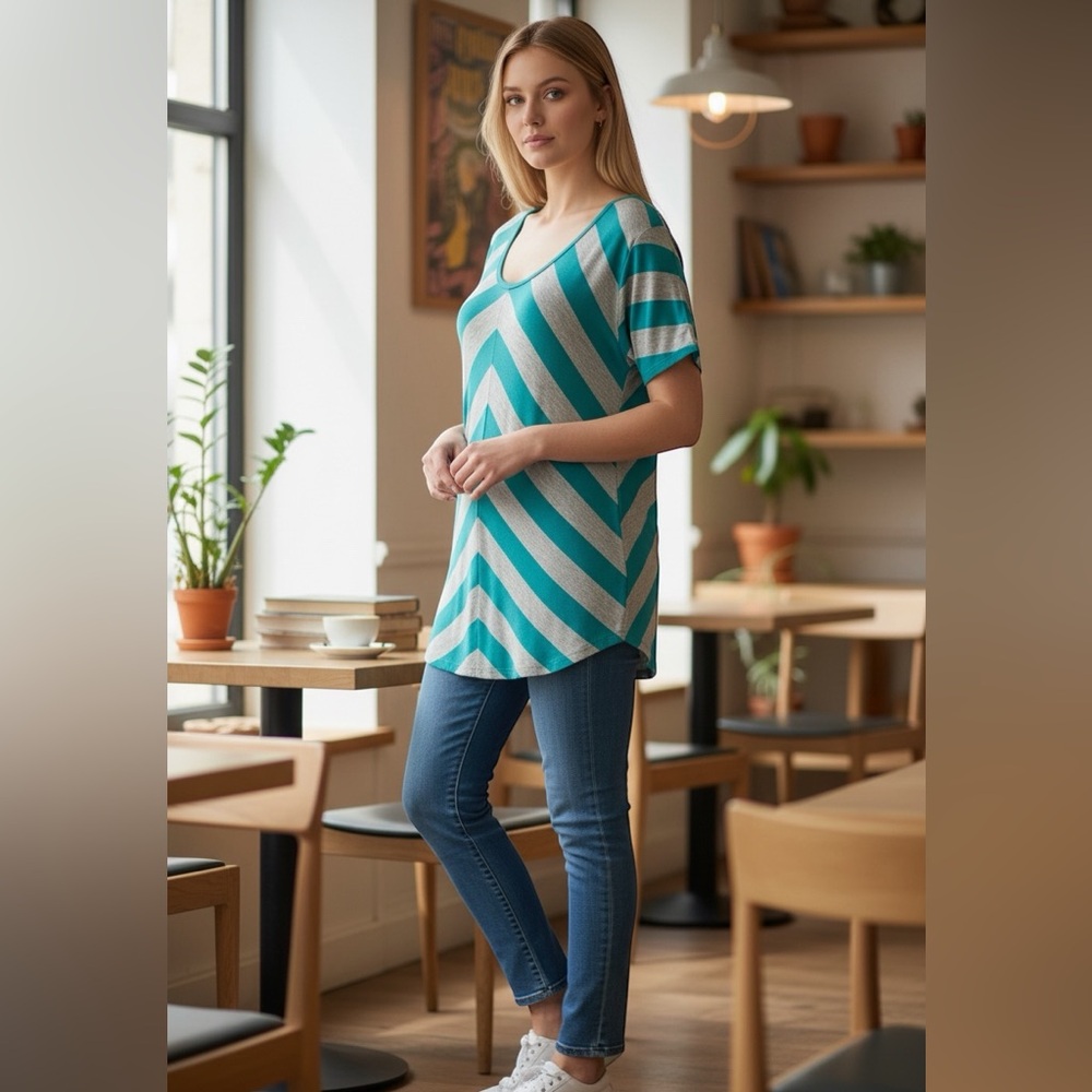 Striped Teal and Gray Women's Top